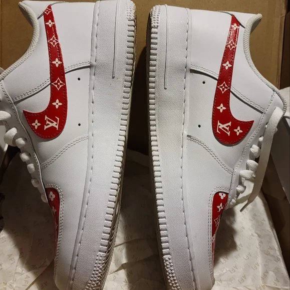 Customized LV -Nike- Air force 1's...Size 10.5 mens...Red/White - Picture 2 of 14